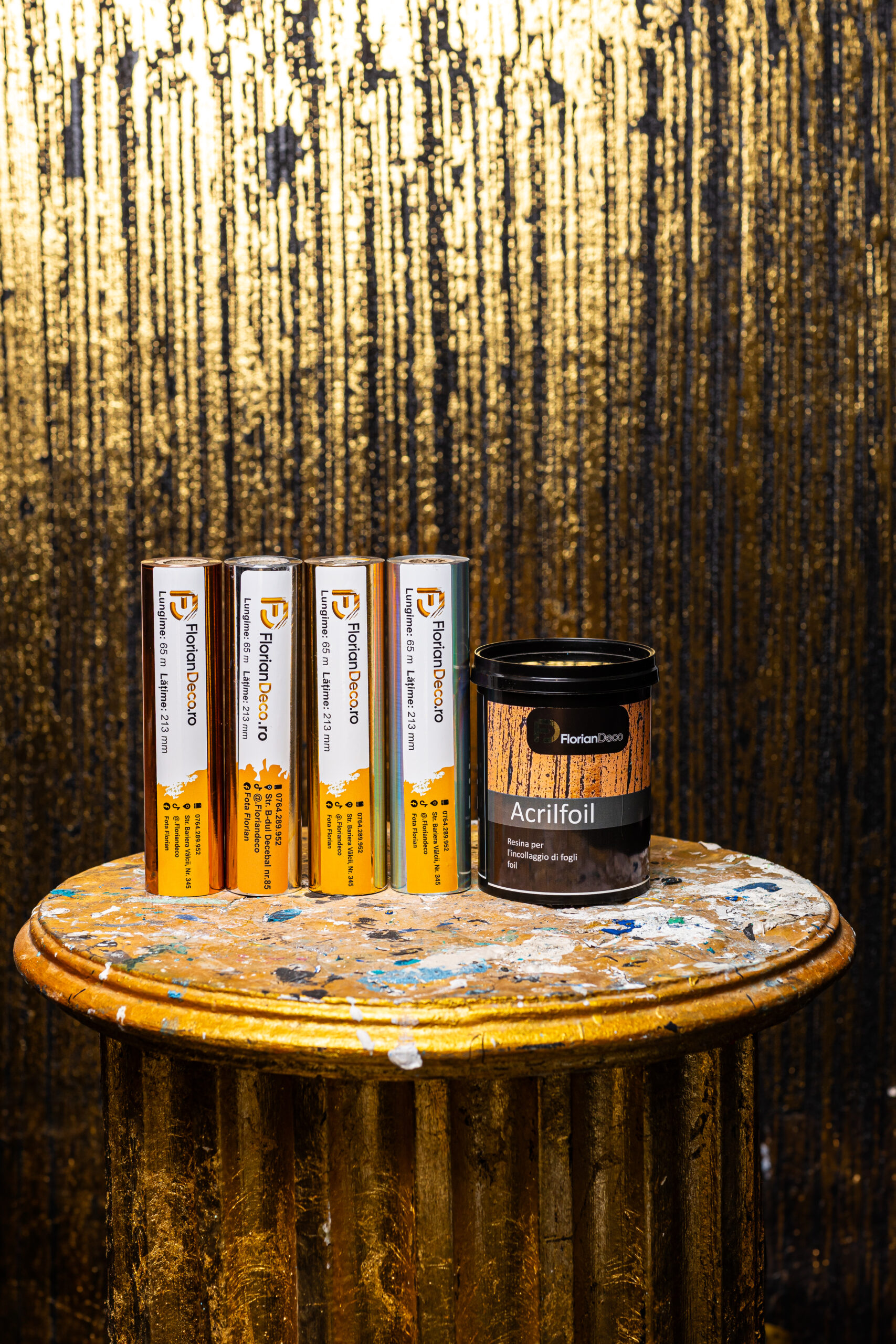 Kit Lipici Folie Decorativa Acrilfoil 1L si Folie Aurie Argintie Holografica sau Bronz