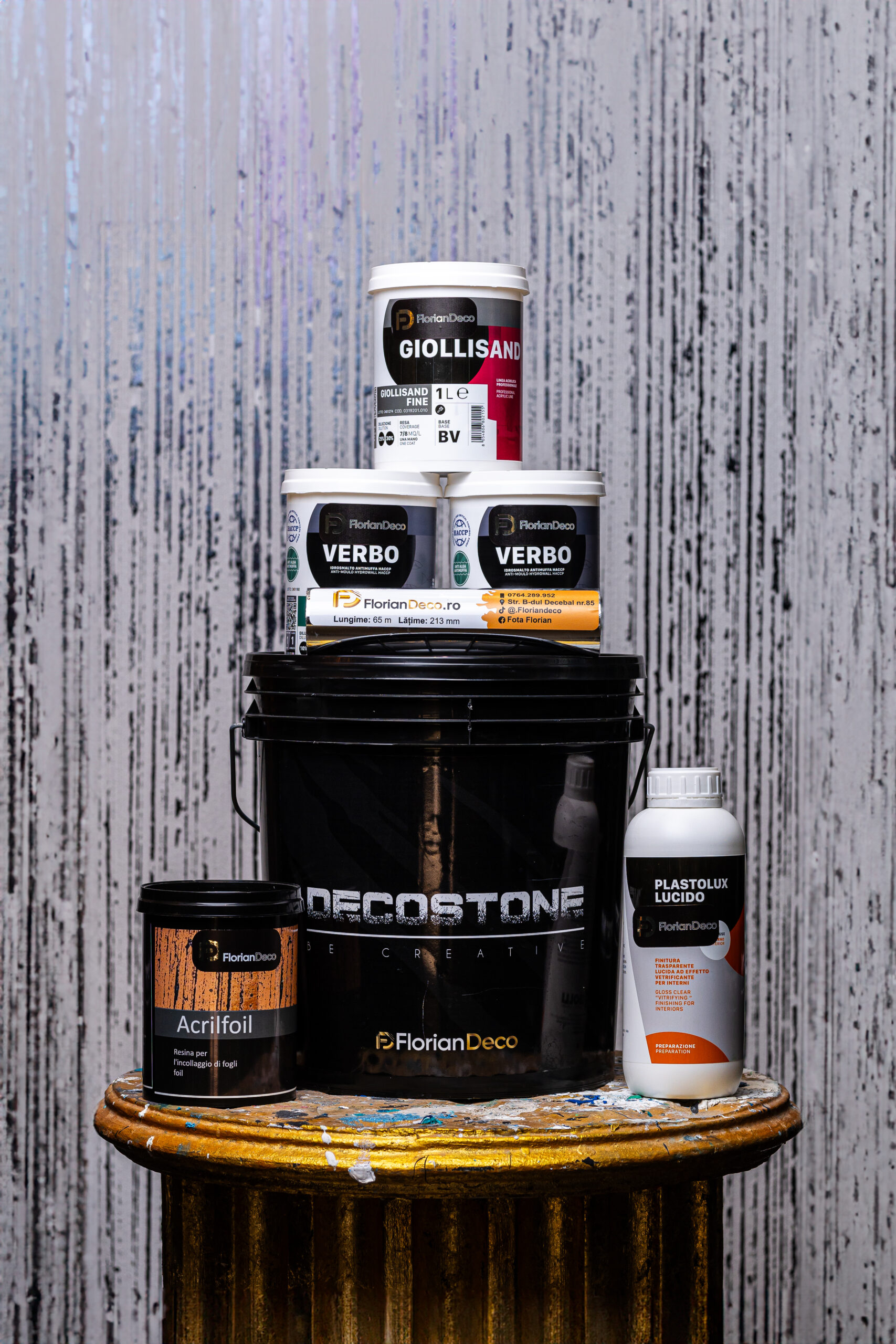 Kit Fond Alb: GiolliSand 1 L + Decostone 24 KG + Verbo White 1 L + Acril 1 L + Folie + Plastolux 1 L